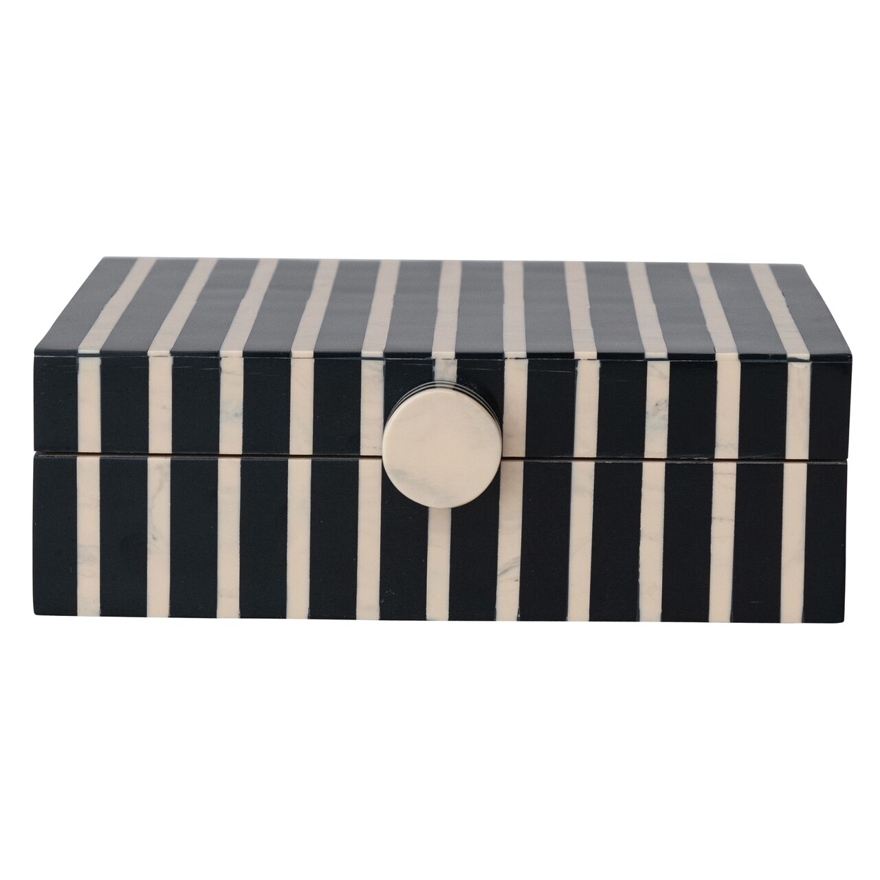 Hello Honey Handmade Mango Wood and Resin Striped Storage Box with Knob, Black, Tan & Natural